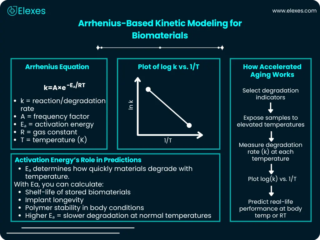 Infographic illustrating the Arrhenius equation used to model degradation kinetics of biomedical polymers.