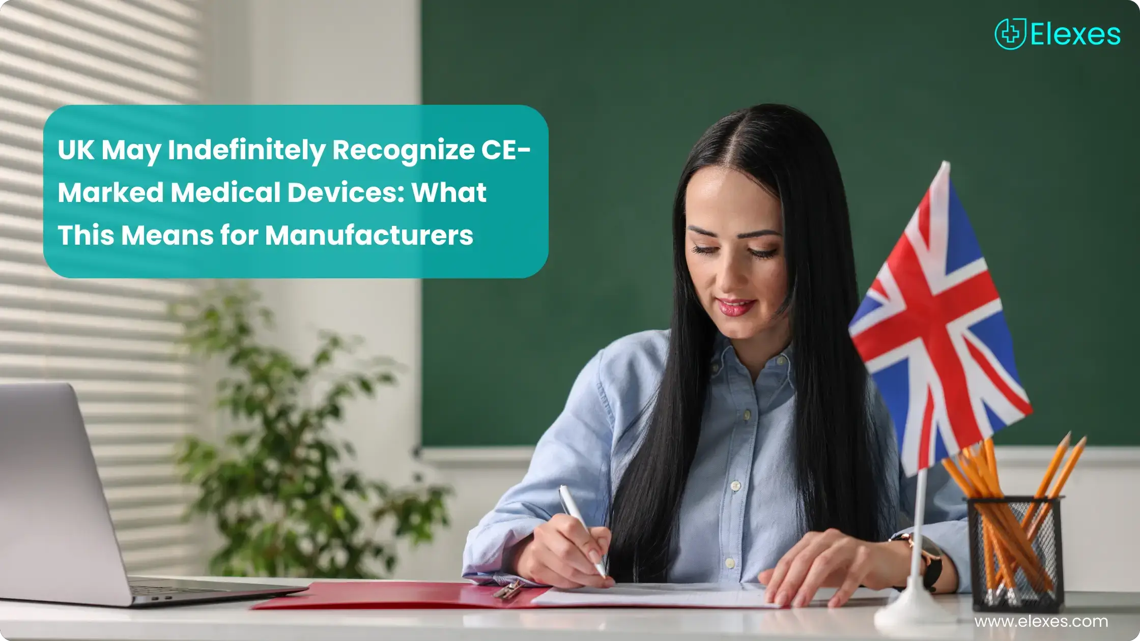 Regulatory professionals reviewing medical device compliance documents on tablet discussing UK CE recognition and market access strategy.