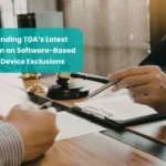 Professional reviewing documents, representing regulatory assessment of software medical device classification under TGA guidelines.