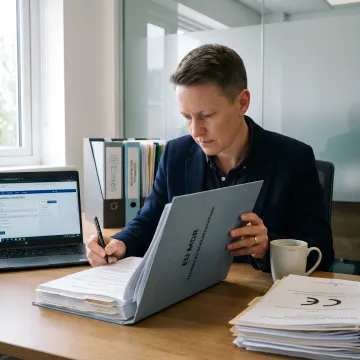 Regulatory consultant reviewing CE marking documents