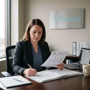 Regulatory consultant reviewing FDA 510(k) submission documents