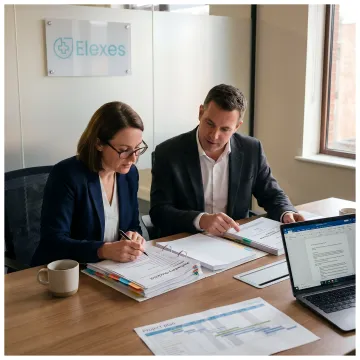 Quality assurance consultants reviewing compliance documents