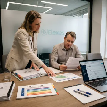 Regulatory consultants reviewing global compliance documents