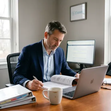 Medical device regulatory consultant reviewing submission documents