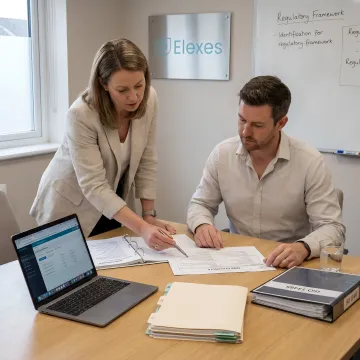 Quality management consultants reviewing compliance documents
