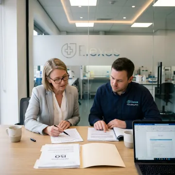 Laboratory quality management consulting team reviewing compliance documents