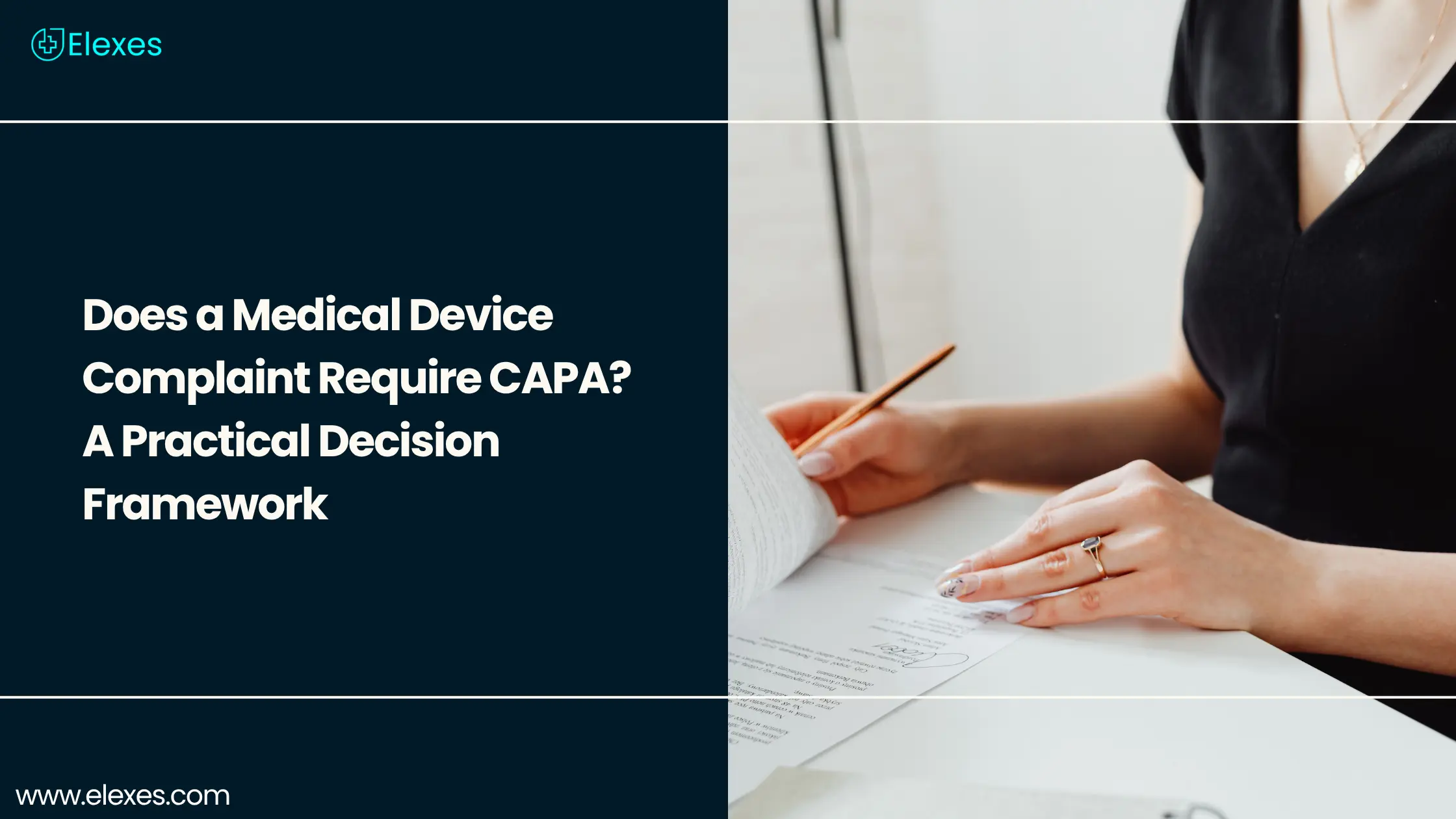 Medical device CAPA decision framework showing a professional reviewing documents and evaluating whether a complaint requires corrective action.