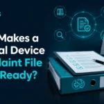 Medical device complaint file audit readiness banner showing a complaint document, checklist, compliance icons, and quality review workflow.