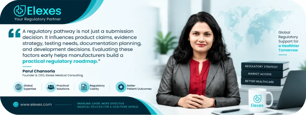 Medical device regulatory consulting banner featuring Elexes founder, global regulatory support message, and strategic guidance for healthcare manufacturers.
